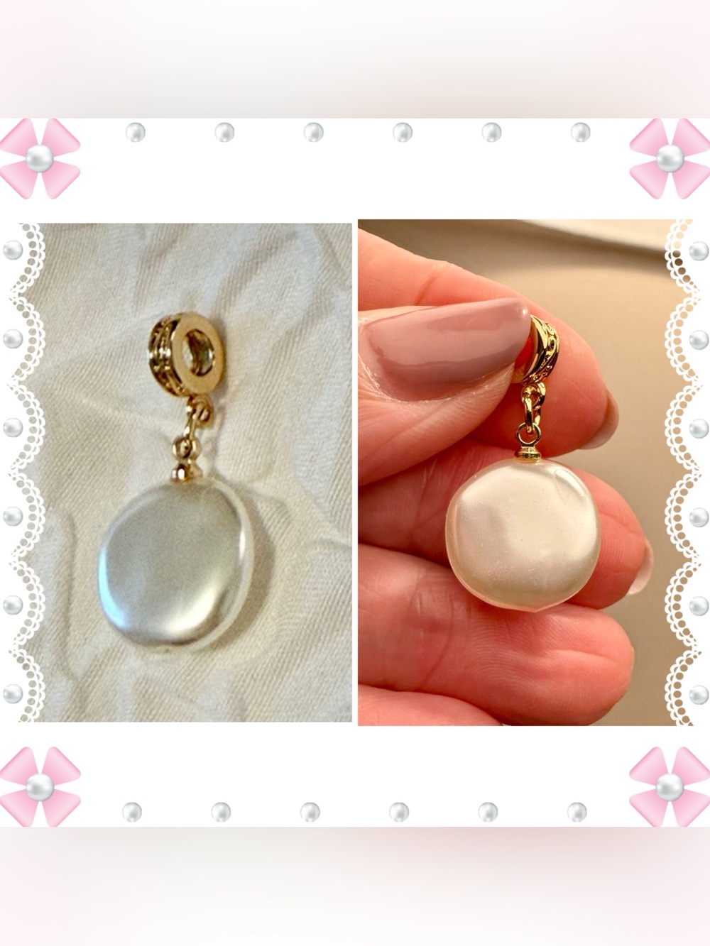 Charm / pendant faux pearl round and flat - gold-tone. New!